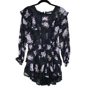 LoveShackFancy Minetta Mini Dress Black Floral Ruffle Silk Blend Whimsigoth SZ S